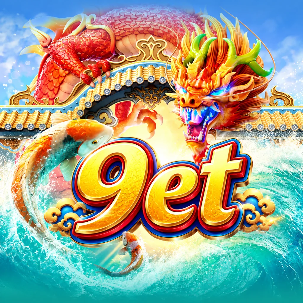 Tampilan game Dragon Legend dari 9et yang menampilkan naga oriental dan ikan koi di atas ombak air